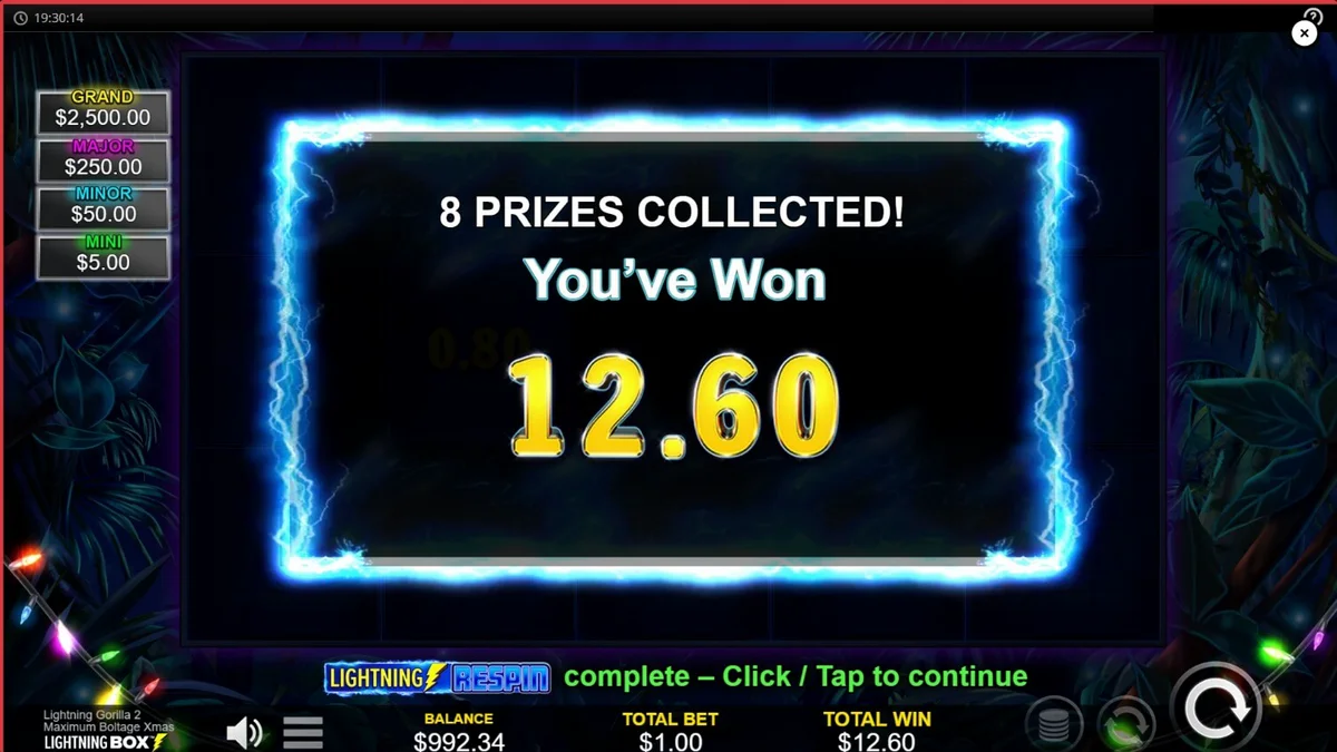 Tela do jogo Lightning Gorilla 2 Xmas com elementos tropicais e natalinos