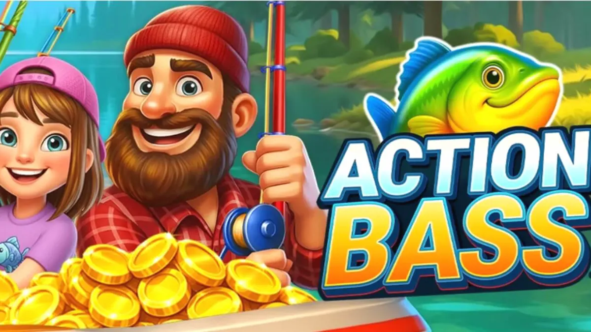 Interface do jogo de caça-níqueis Action Bass com elementos de pesca e natureza